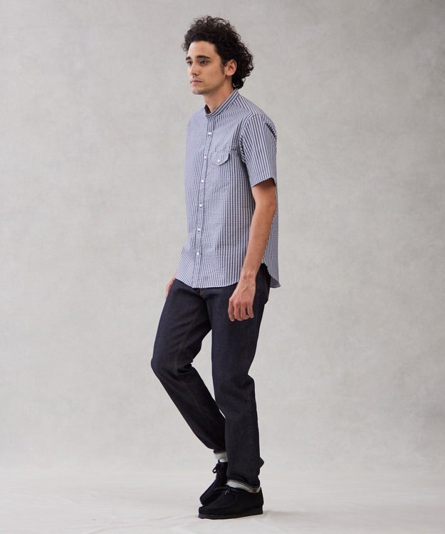 J.PRESS MEN 【クールマックス】サッカーマルチストライプ バンドカラーシャツ ネイビー系1