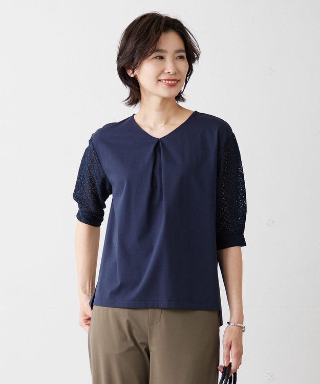 J.PRESS LADIES S 【吸水速乾】レーシーコンビ Vネック カットソー ネイビー系