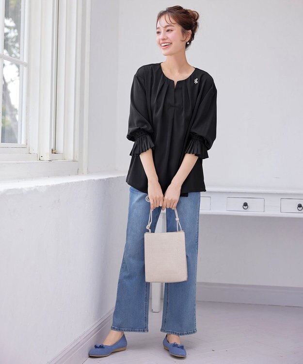 Tiaclasse L 【洗える】プリーツスリーブブラウス ブラック