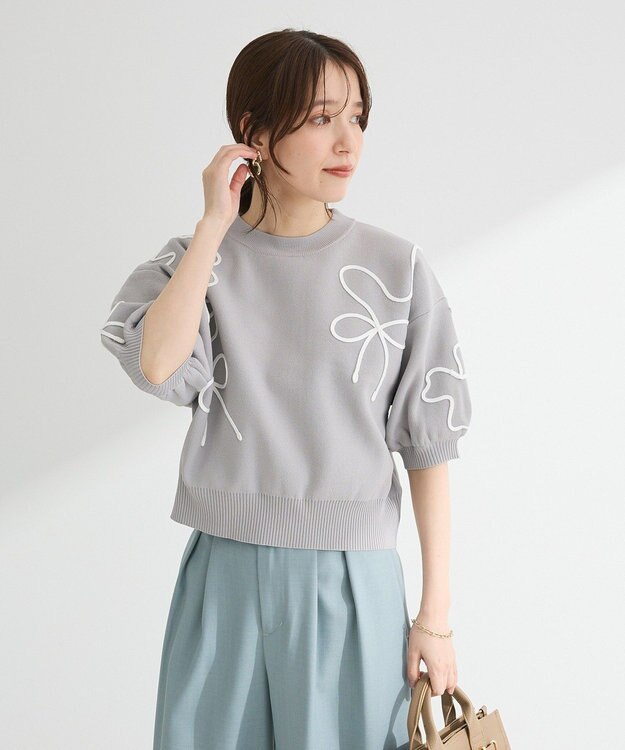 Green Parks ・ＥＬＥＮＣＡＲＥ　ＤＵＥ　ライン刺繍５分袖ニット Beige