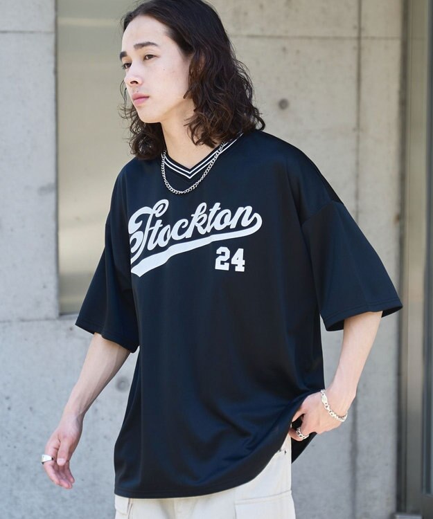 WEGO 【ユニセックス着用ITEM/2点セットネックレス付き/MLサイズ展開】アクセ付きラインリブメッシュプルオーバー ブラック