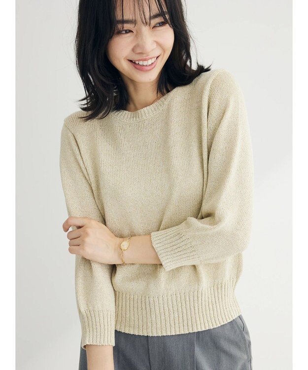 Green Parks ラメ５分袖コンパクトニットプルオーバー Gold