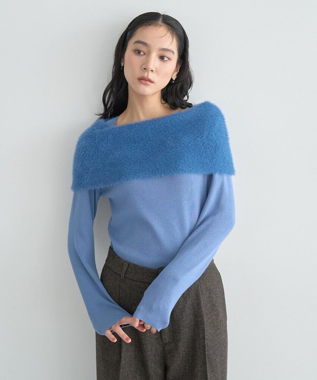 YECCA VECCA ファーMIXオフショルニット Blue