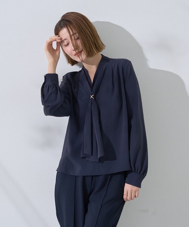 YECCA VECCA スカーフリング付きボウタイブラウス Navy