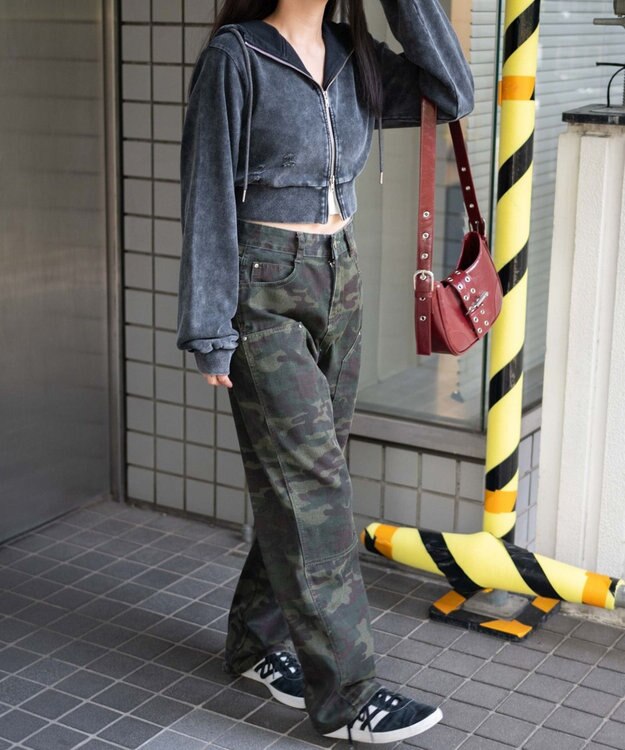 WEGO ヴィンテージウォッシュWジップショートパーカー ブラックその他