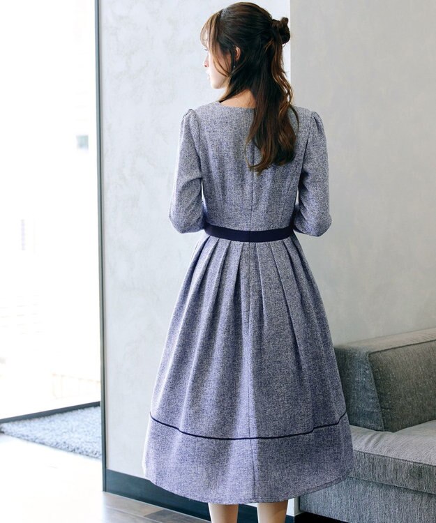 Tiaclasse 【洗える】配色パイピングフレアワンピース ネイビー