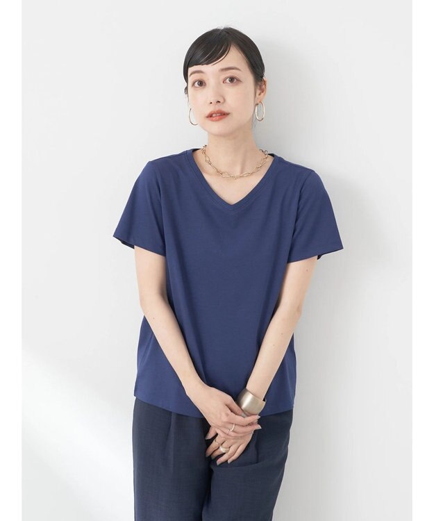 earth music&ecology ＶネックＴシャツ（汗じみ防止） Navy