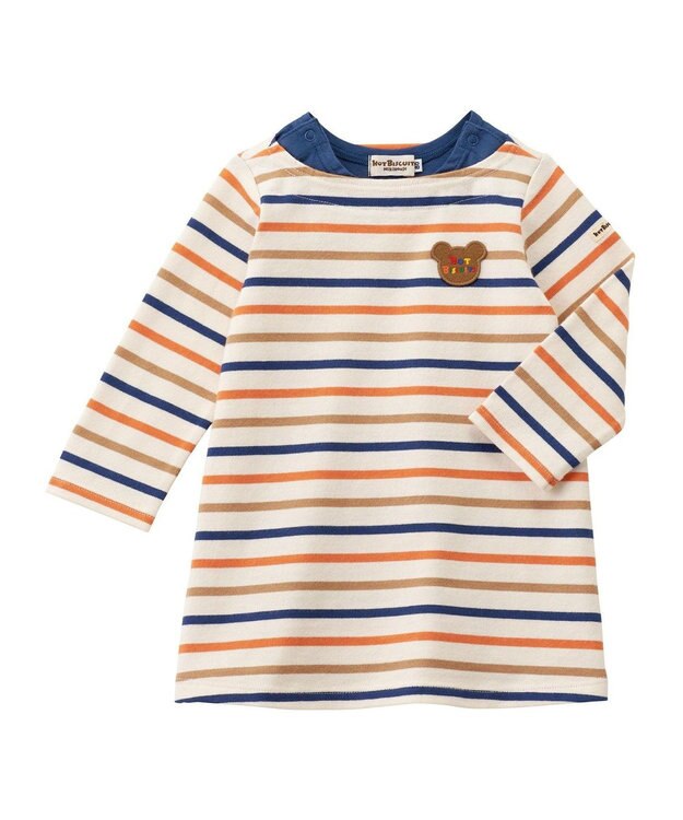 MIKI HOUSE HOT BISCUITS 【80-120cm】 ボーダー柄 長袖ワンピース オレンジ