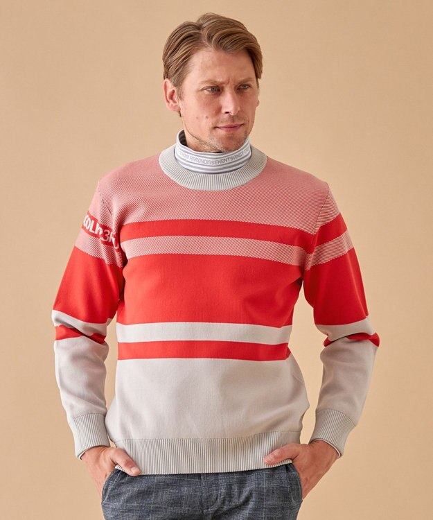 23区GOLF 【MEN】【洗える】カラーブロック 裏付き ニット ローズ系1