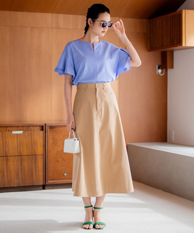 組曲 【汗ジミ防止・撥水】GIZAプレーティング天竺袖フリル カットソー スカイブルー系