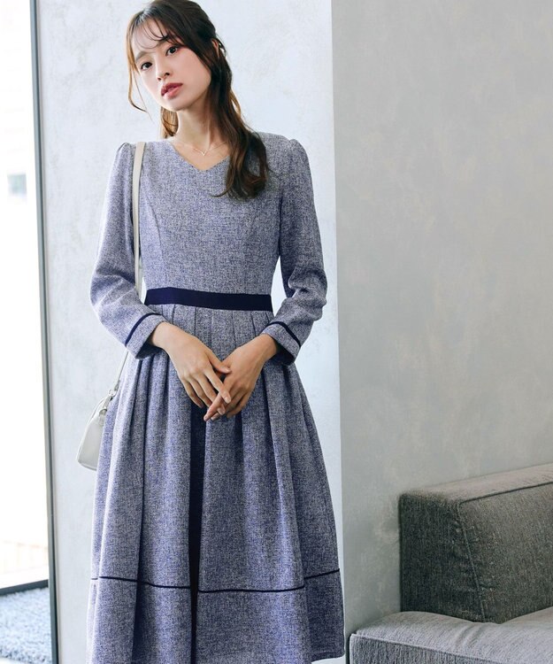 Tiaclasse 【洗える】配色パイピングフレアワンピース ネイビー