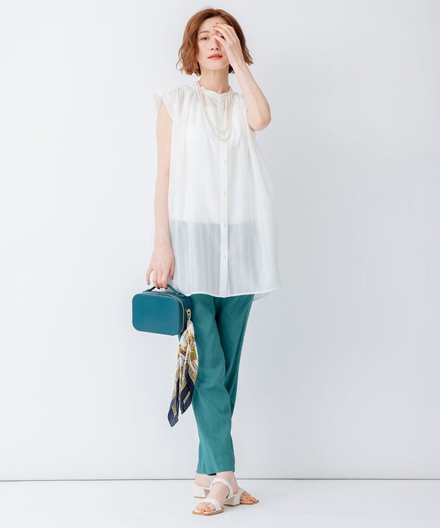 23区 【洗える】シアーストライプ ノースリーブ ブラウス ホワイト系