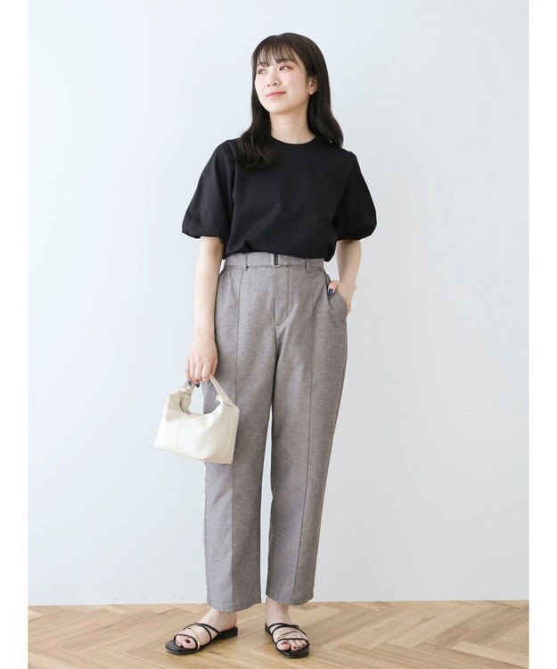 Green Parks 綿麻混バックルベルト付テーパードパンツ Gray Mixture