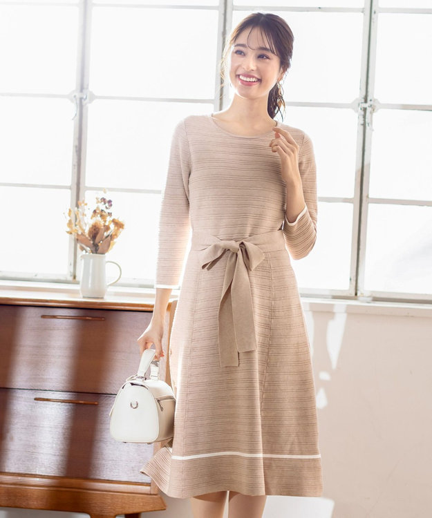 Tiaclasse 【洗える】リップル編みニットワンピース ベージュ×オフ