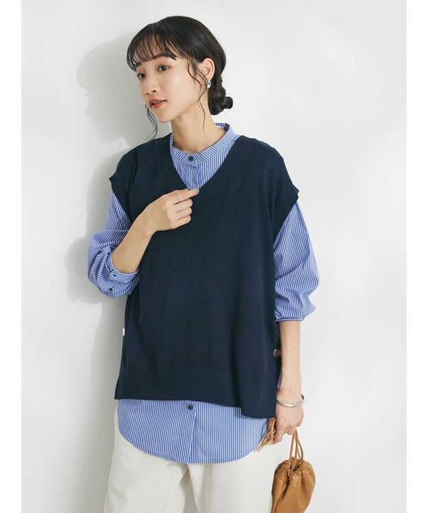 CRAFT STANDARD BOUTIQUE 【洗える】ニットベスト+バンドカラーシャツ-SET Navy