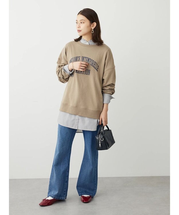 Green Parks イージーケアスタンドフリルシャツチュニック Stripe Black