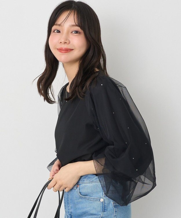 earth music&ecology キラキラストーンパールチュールスリーブプルオーバー Black