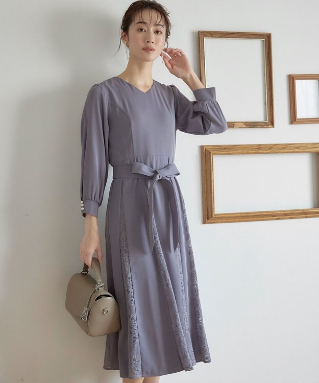 Tiaclasse L 【洗える】レース切り替えフレアワンピース ラベンダー