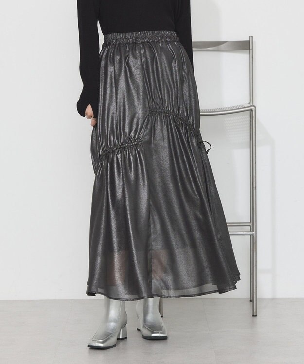 earth music&ecology シャイニーアシンメトリーギャザースカート Black