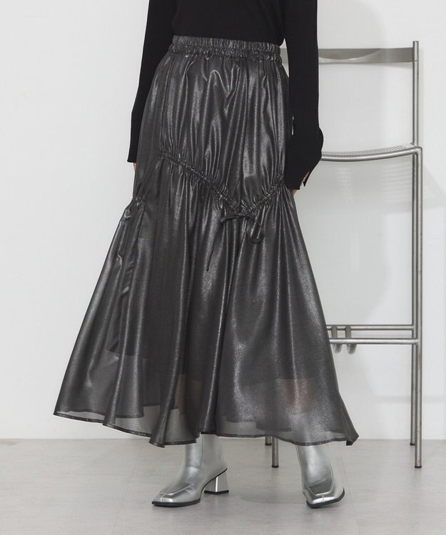 earth music&ecology シャイニーアシンメトリーギャザースカート Black