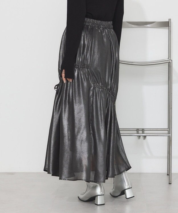 earth music&ecology シャイニーアシンメトリーギャザースカート Black