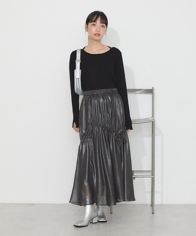 earth music&ecology シャイニーアシンメトリーギャザースカート Black