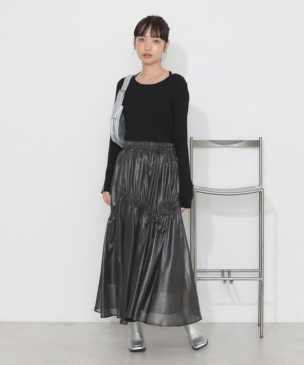 earth music&ecology シャイニーアシンメトリーギャザースカート Black