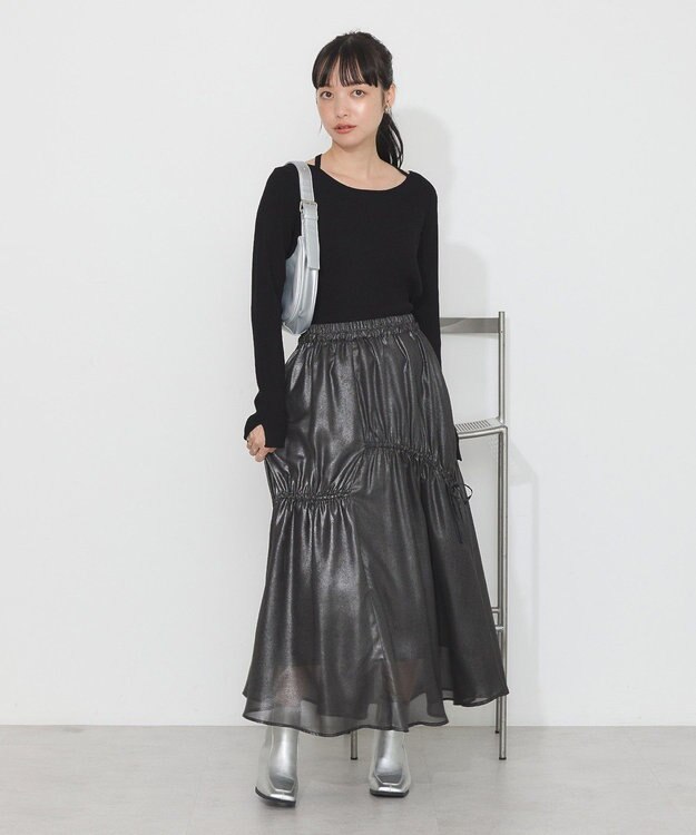 earth music&ecology シャイニーアシンメトリーギャザースカート Black