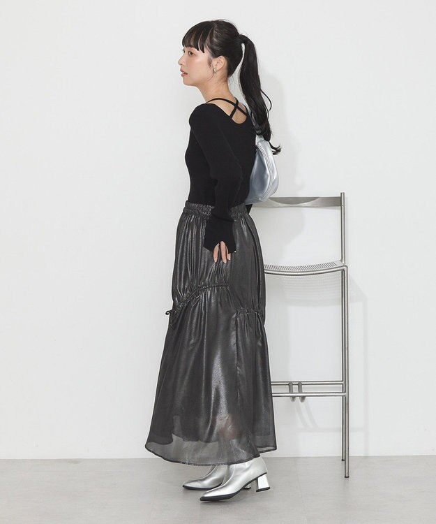 earth music&ecology シャイニーアシンメトリーギャザースカート Black