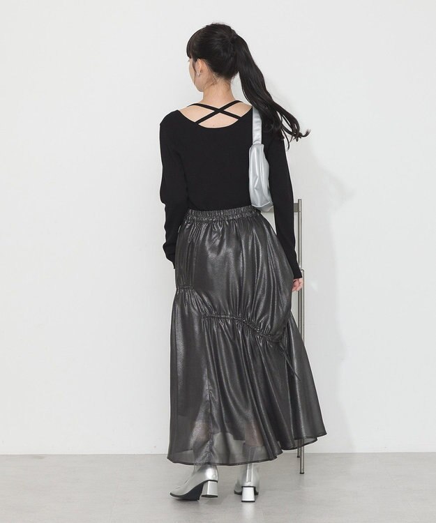 earth music&ecology シャイニーアシンメトリーギャザースカート Black