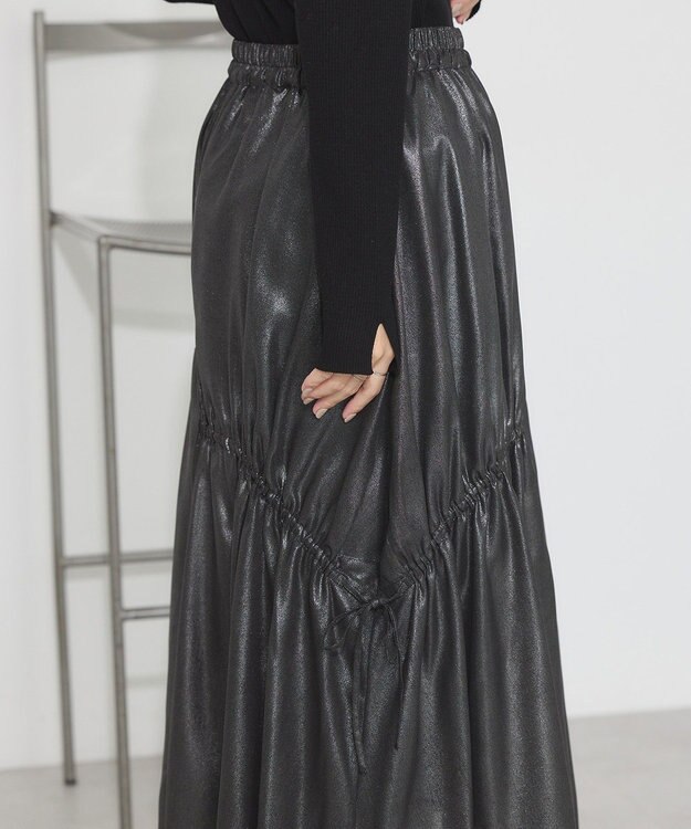 earth music&ecology シャイニーアシンメトリーギャザースカート Black