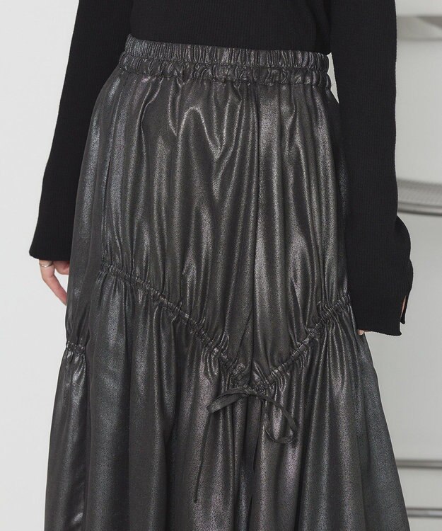 earth music&ecology シャイニーアシンメトリーギャザースカート Black