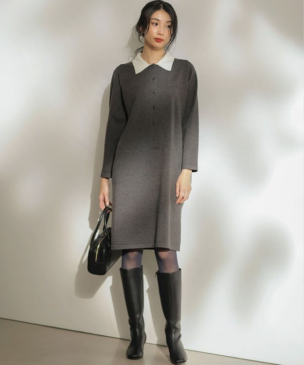 組曲 ニット襟トロンプルイユ ワンピース グレー系