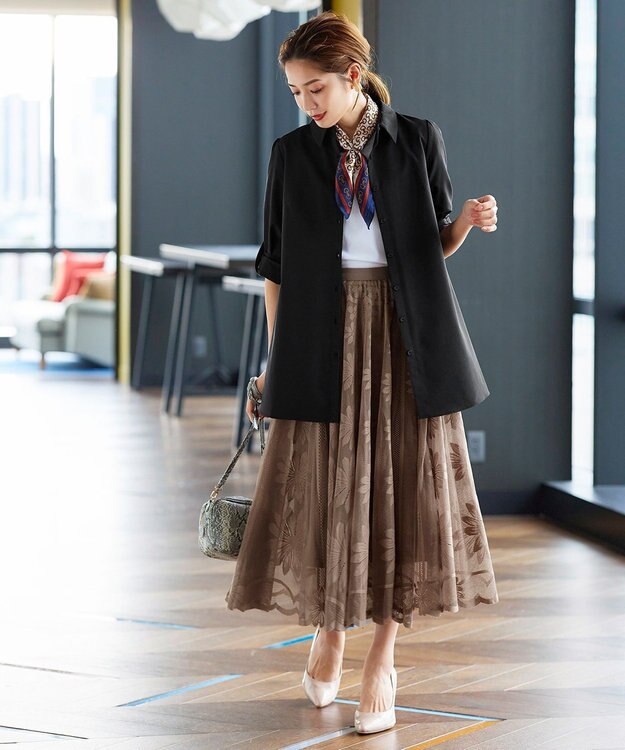 Tiaclasse 【洗える】フレアシャツチュニックブラウス ブラック