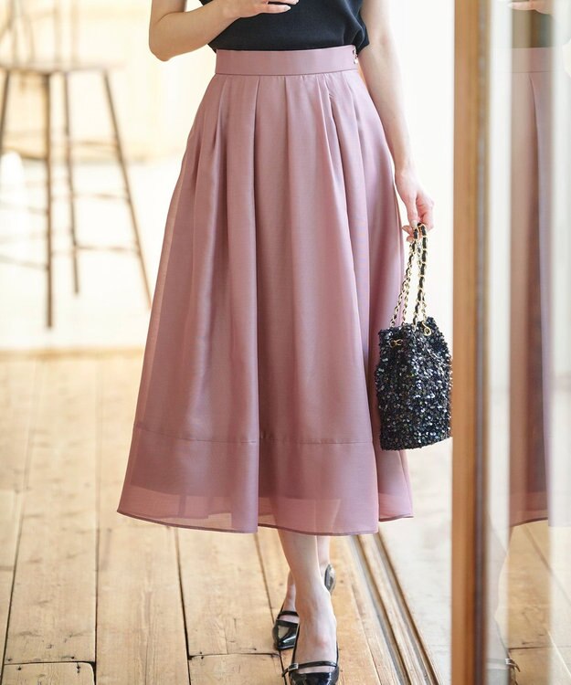 ANY SIS 【洗える】シアーチンツタック スカート モカピンク