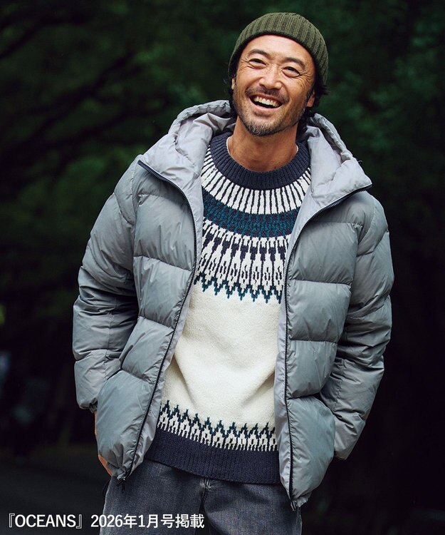 UNFILO MENS ライトモール ノルディックニット エクリュ×グリーン