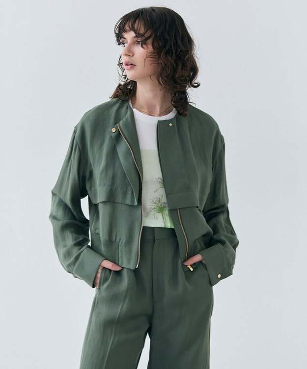 BEIGE， 【洗える】BERNARD / リネンノーカラーラップブルゾン Olive