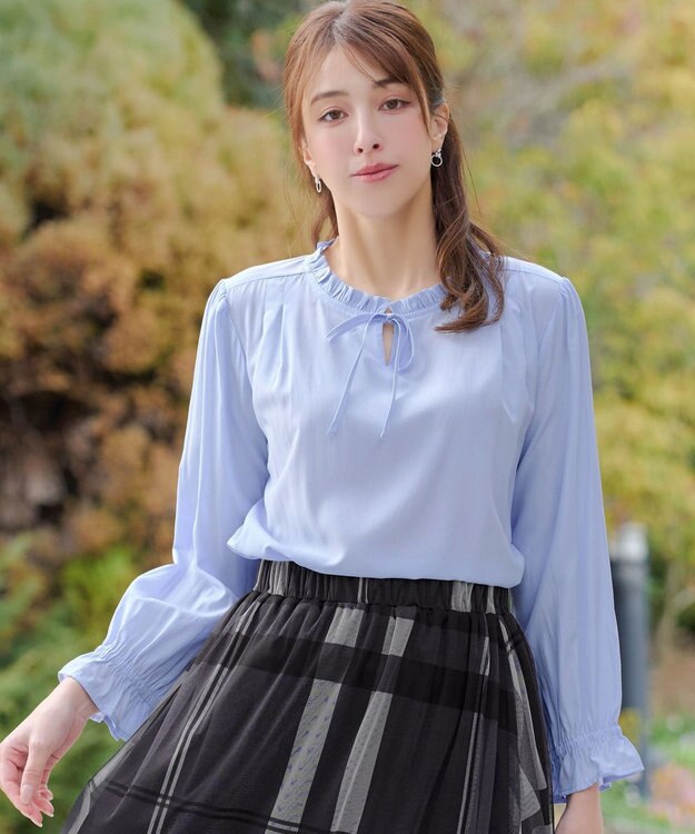 Tiaclasse フリルリボンブラウス サックス