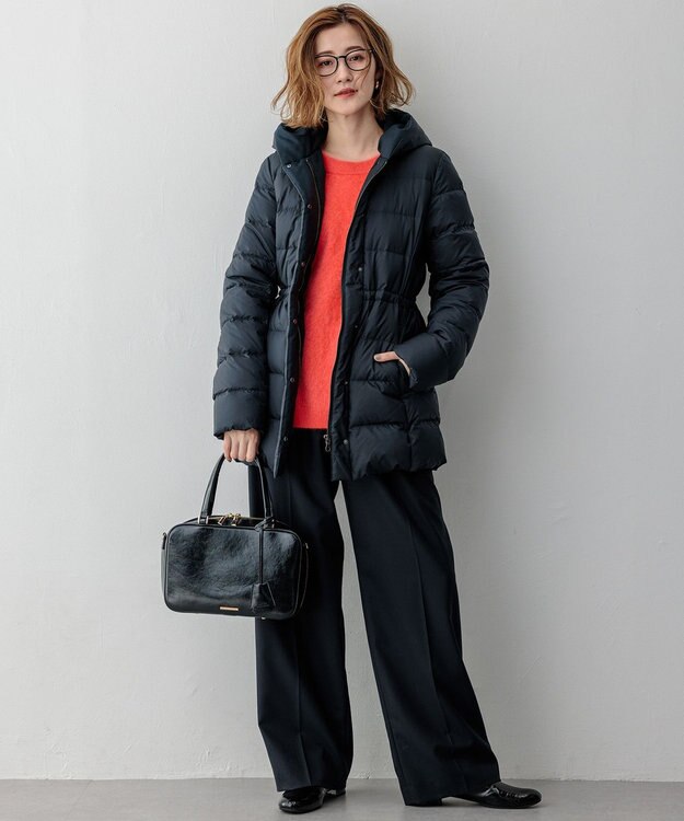 23区 L ナチュラルストレッチサキソニー タック ワイドパンツ ダークネイビー系