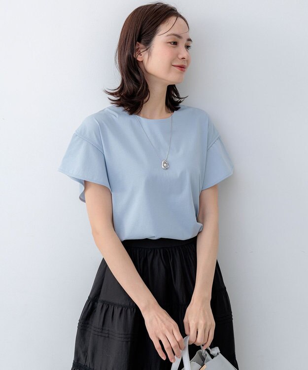 組曲 【WEB限定】プレーティング天竺フリルスリーブ Tシャツ スカイブルー系