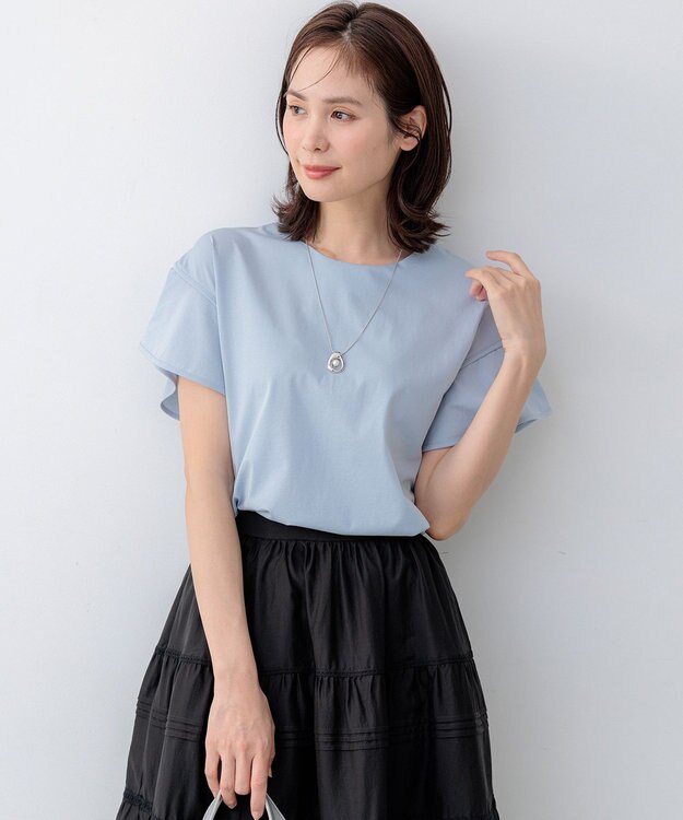 組曲 【WEB限定】プレーティング天竺フリルスリーブ Tシャツ スカイブルー系