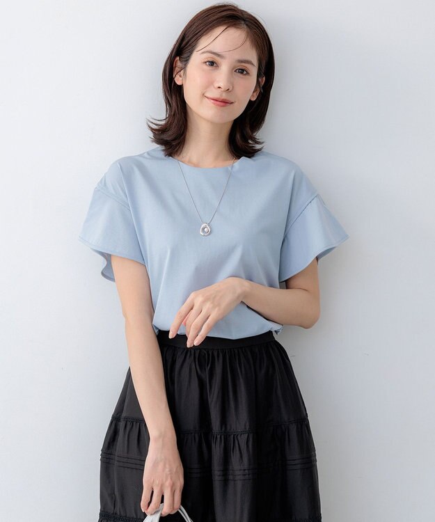 組曲 【WEB限定】プレーティング天竺フリルスリーブ Tシャツ スカイブルー系