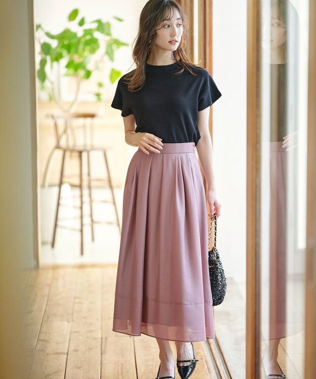 ANY SIS 【洗える】シアーチンツタック スカート モカピンク