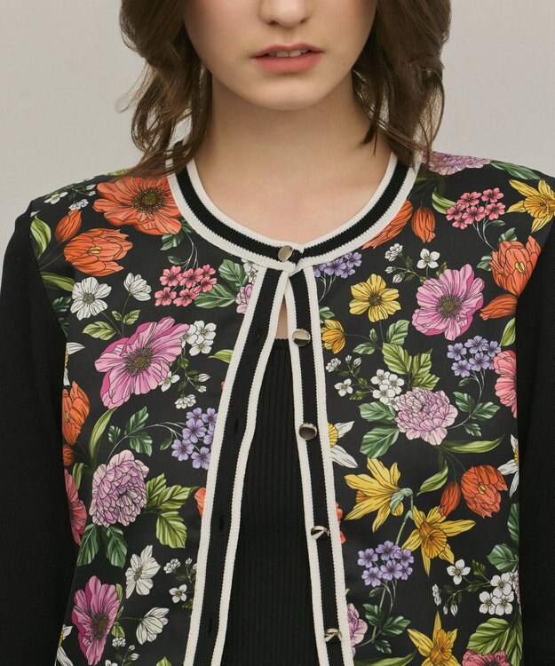 GRACE CONTINENTAL フラワープリントニットカーディガン ブラック