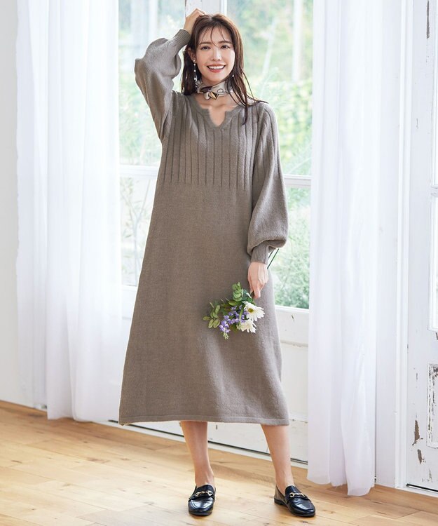 Tiaclasse 【洗える】パフスリーブリブ編みニットワンピース モカ