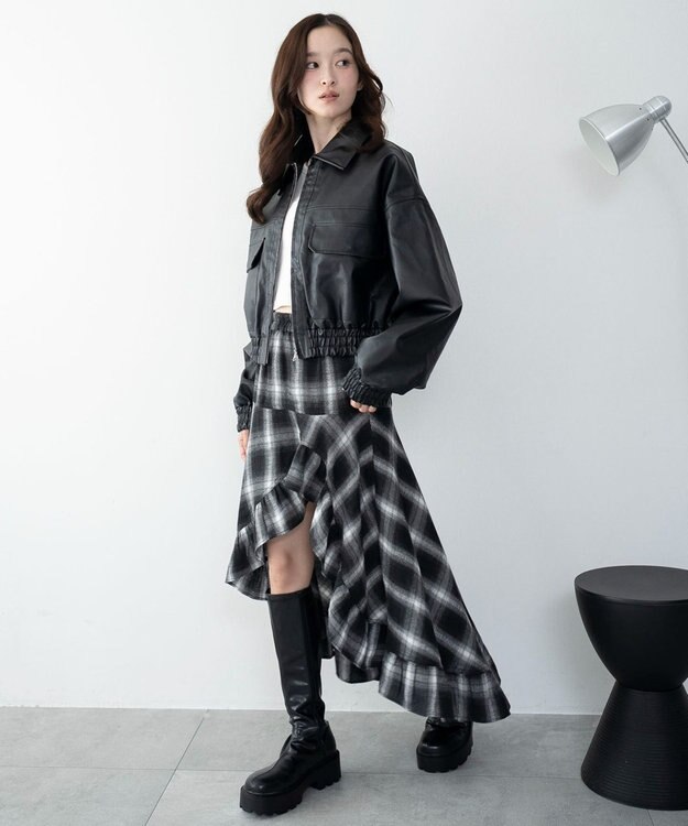 WEGO チェックアシンメトリーフリルロングスカート ブラックチェック1