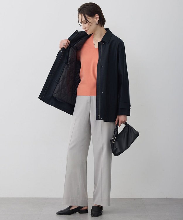 ICB L シンセティックフルニードル Vネックニット ライトコーラル×トープライン