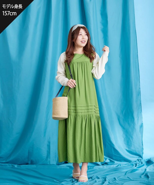 Tiaclasse 【洗える】ピンタックロングワンピース グリーン