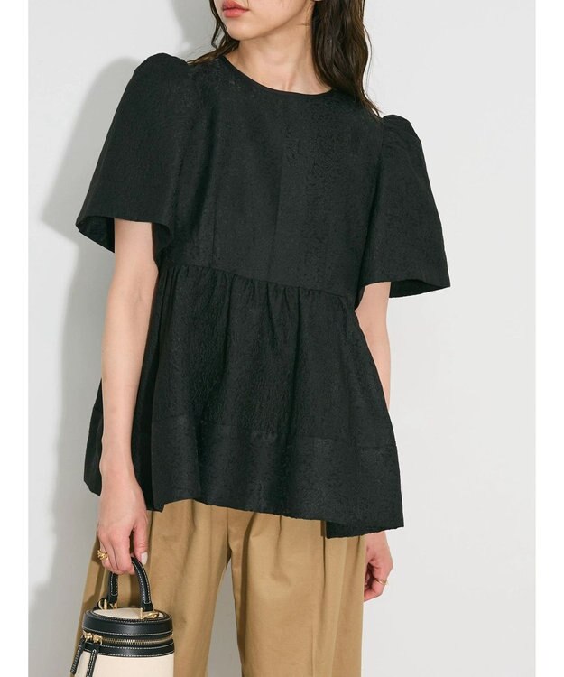 Green Parks パフスリーブジャガードペプラムブラウス Black