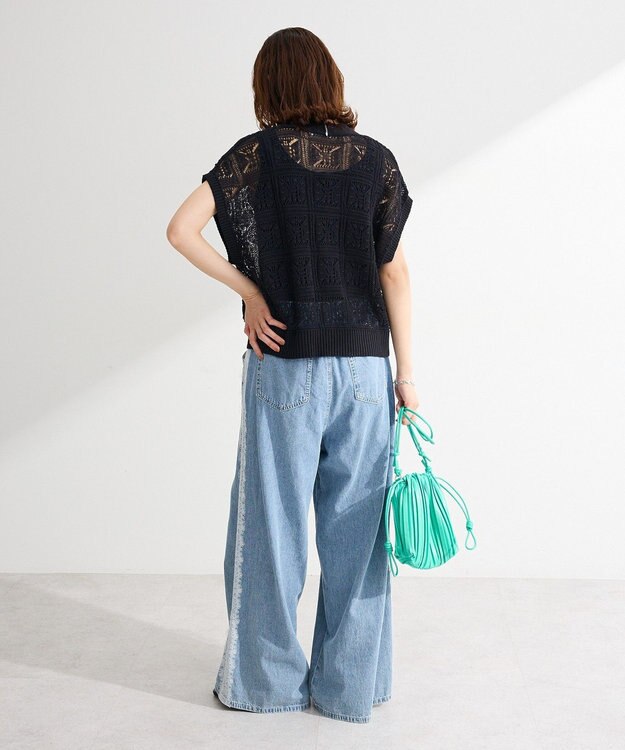 Green Parks 透かし編みＺＩＰニットベスト Black